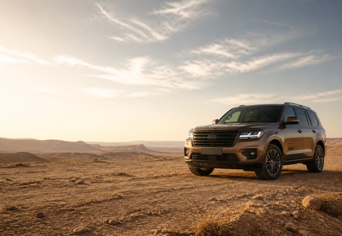 Bronze SUV on a desert plateau